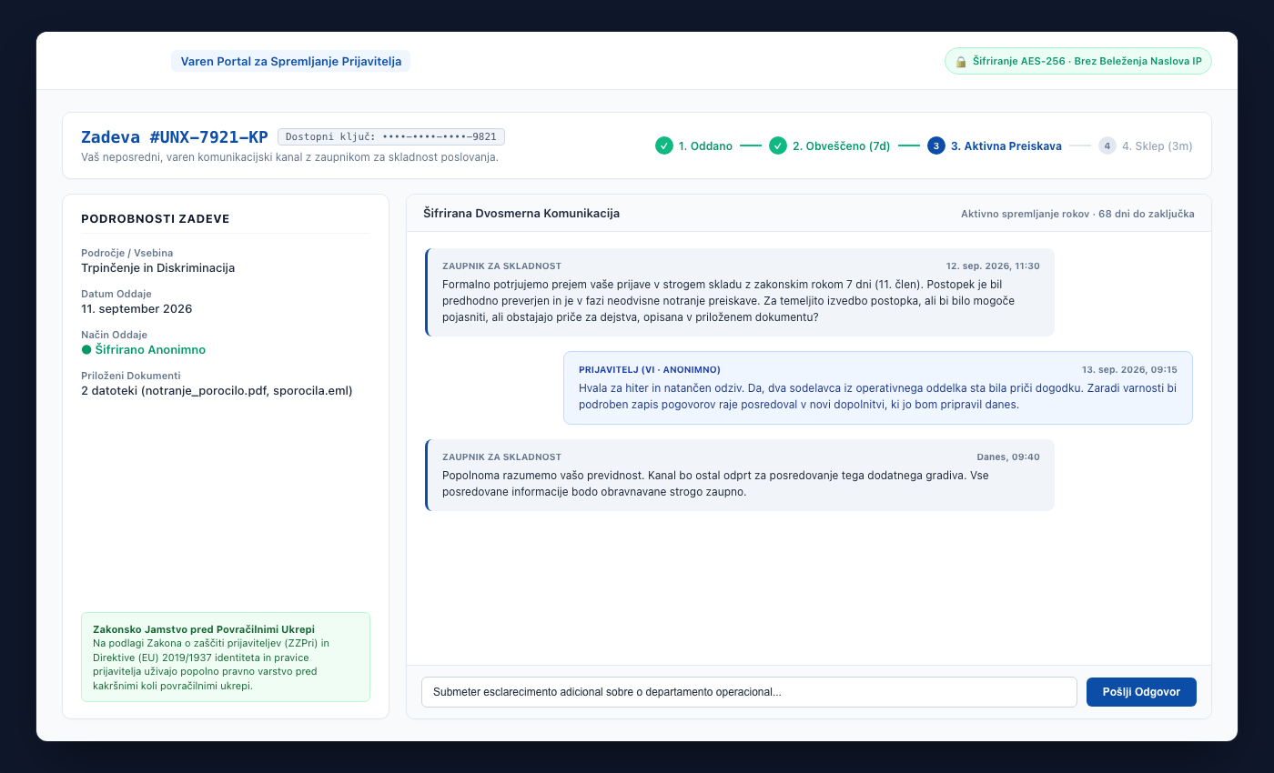 Stran UNOVOX, kjer prijavitelj vnese kodo za spremljanje prijave