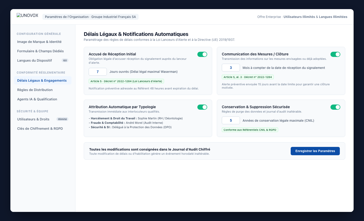 Espace de configuration UNOVOX : utilisateurs, catégories, services, délais et langues