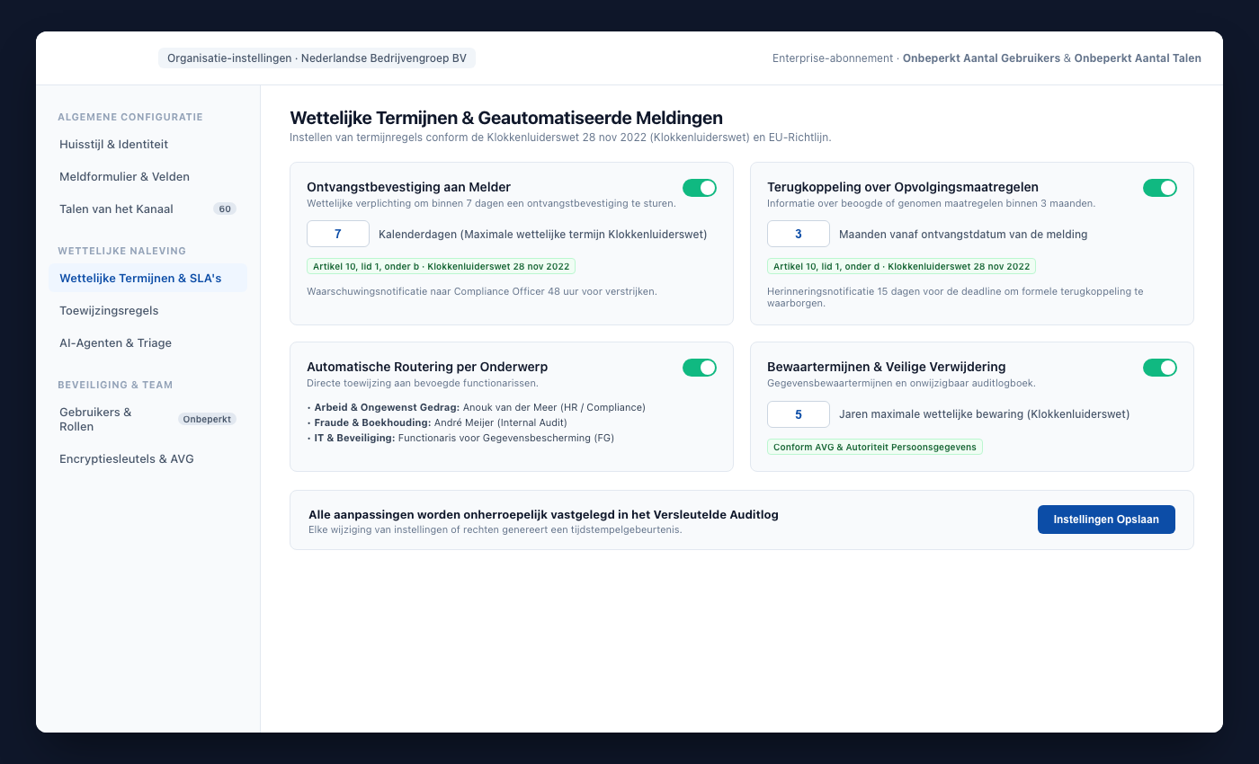 UNOVOX-instellingen met gebruikers, categorieën, afdelingen, termijnen en talen