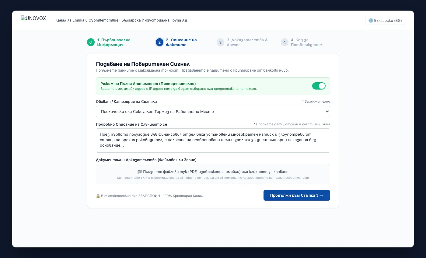 Публичен формуляр за сигнали на UNOVOX в четири стъпки