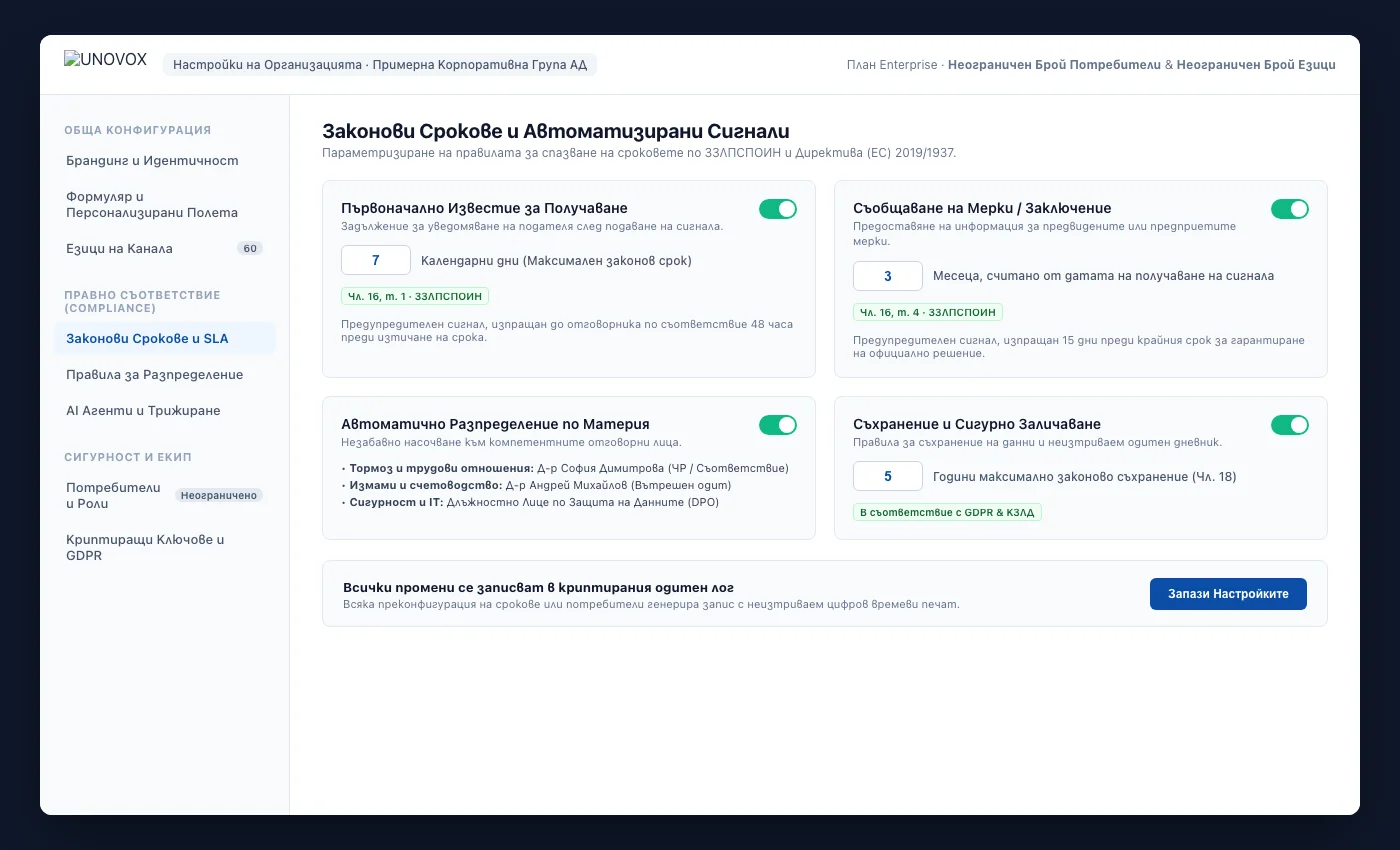 Настройки на UNOVOX за управление на потребители, разпределяне на случаи и конфигурация на канала