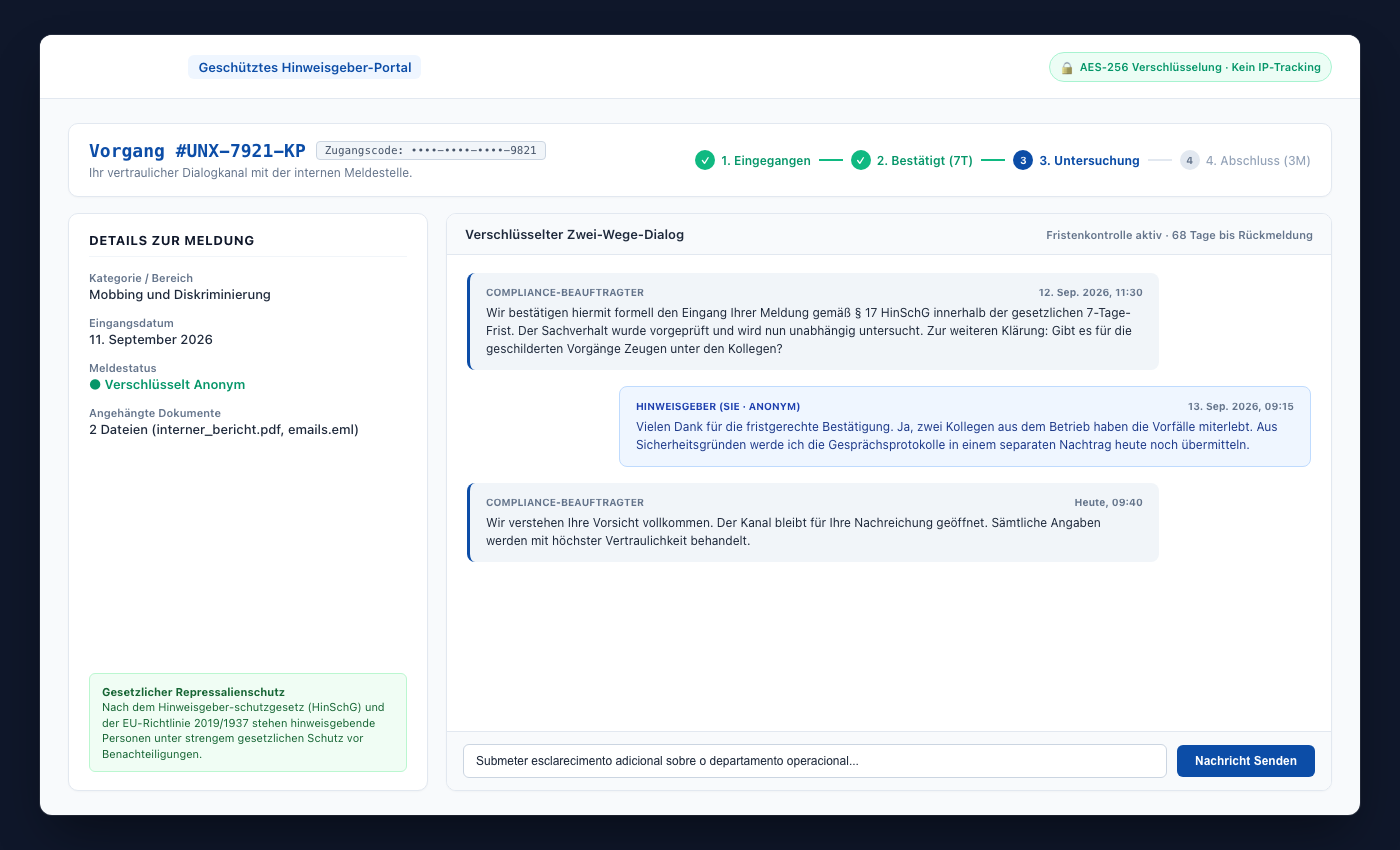UNOVOX-Seite zur Nachverfolgung einer Meldung per Code