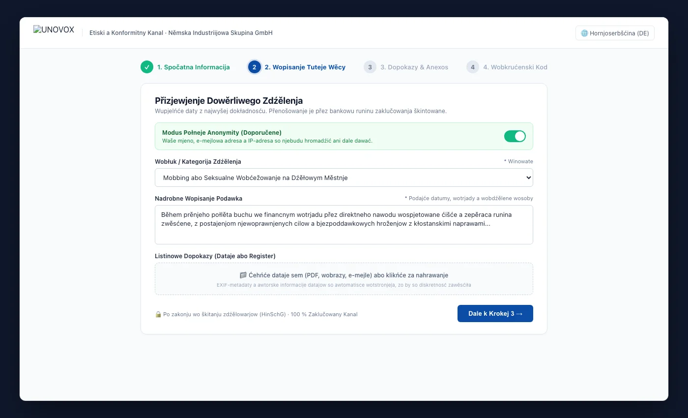 Zjawny formular UNOVOX za zdźělenje we štyrjoch kročelach