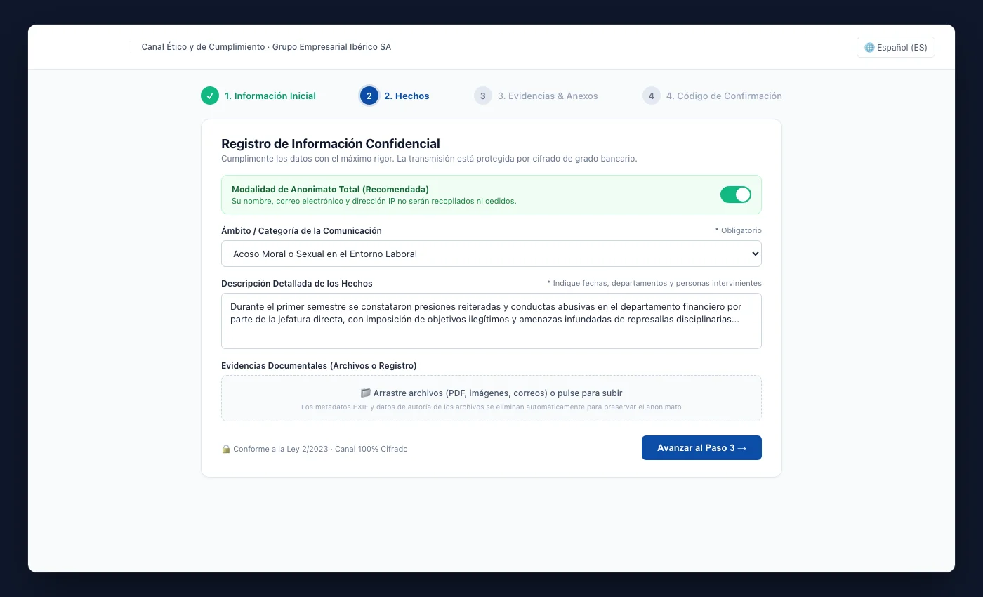 Formulario público de denuncia UNOVOX con cuatro etapas