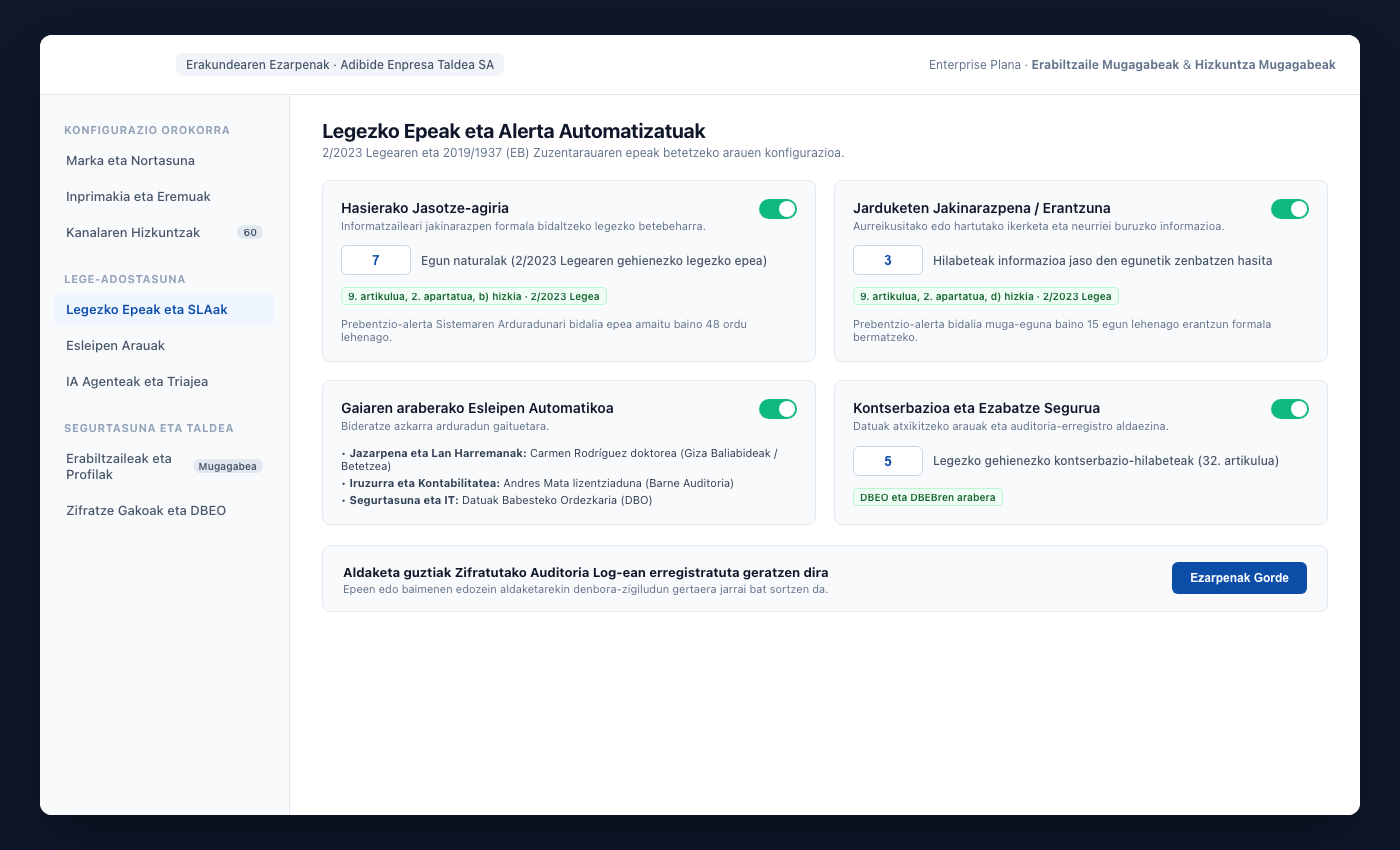 UNOVOXen ezarpenen eremua, erabiltzaile, kategoria, sail, epe eta hizkuntza aukerekin