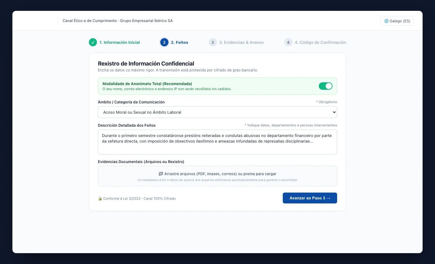 Formulario público de denuncia de UNOVOX con catro etapas