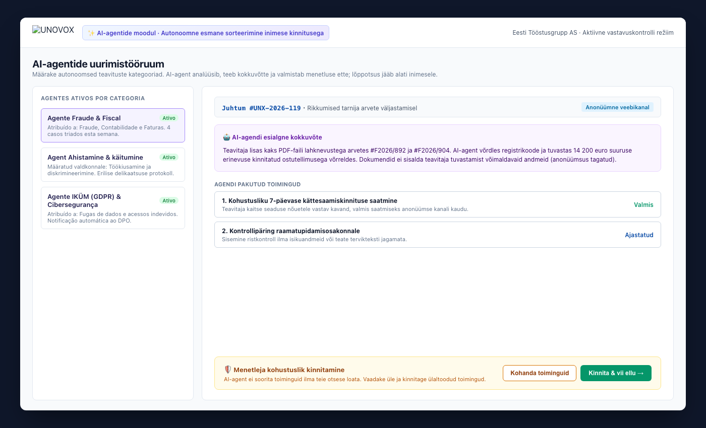 UNOVOX tehisintellekti agentide juhtpaneel autonoomse uurimise ja inimesepoolse kinnitusega