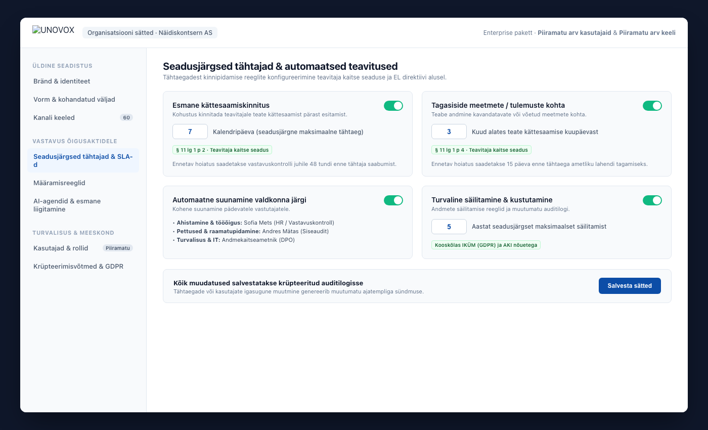 UNOVOXi seadete ala kasutajate, kategooriate, osakondade, tähtaegade ja keelte valikutega