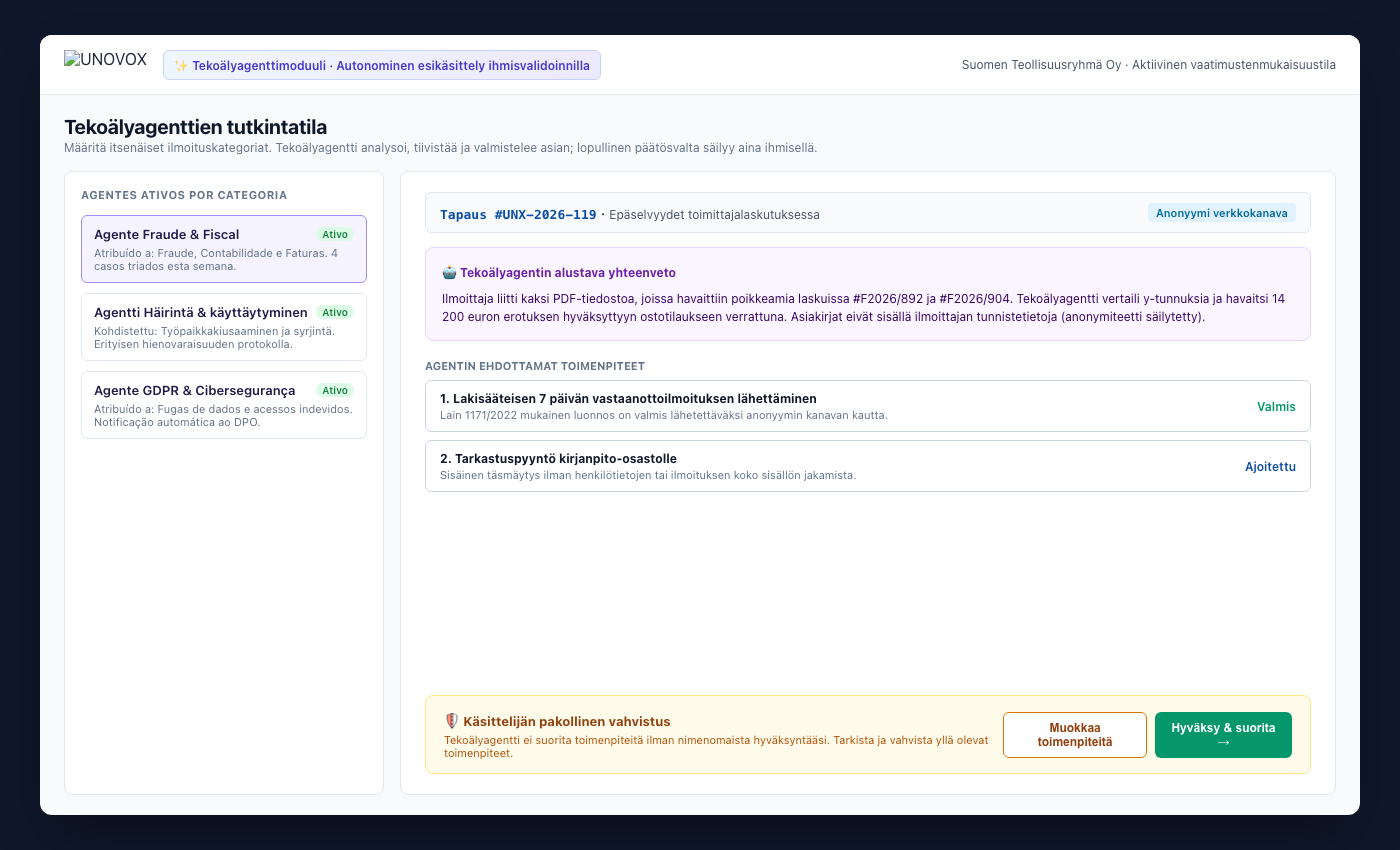 UNOVOX AI-agenttien kojelauta autonomisella tapauksen tutkinnalla ja ihmisen vahvistuksella