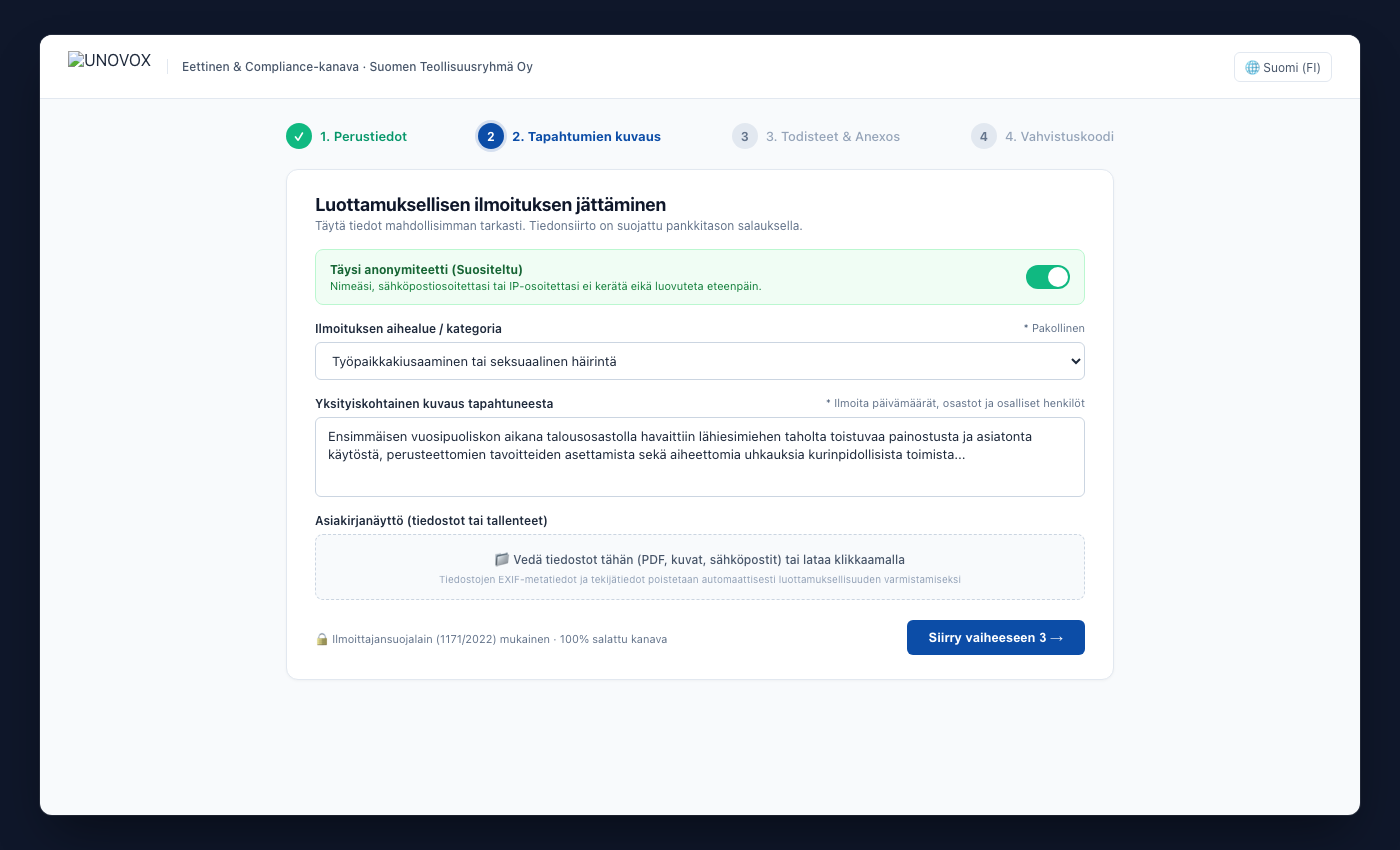 Julkinen UNOVOX-lomake ilmoituksen tekemiseen neljässä vaiheessa