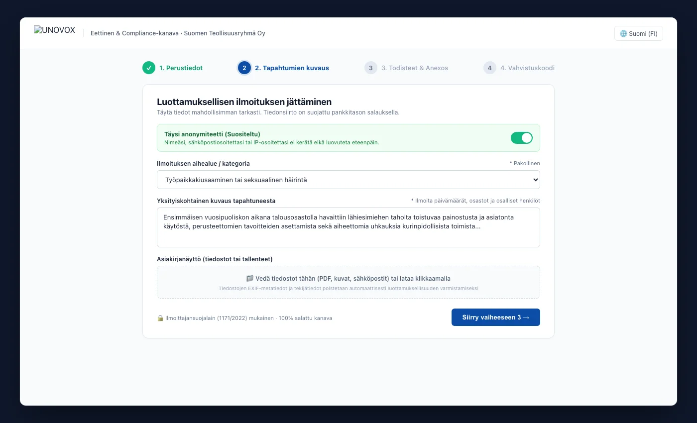 Julkinen UNOVOX-ilmoituslomake neljässä vaiheessa