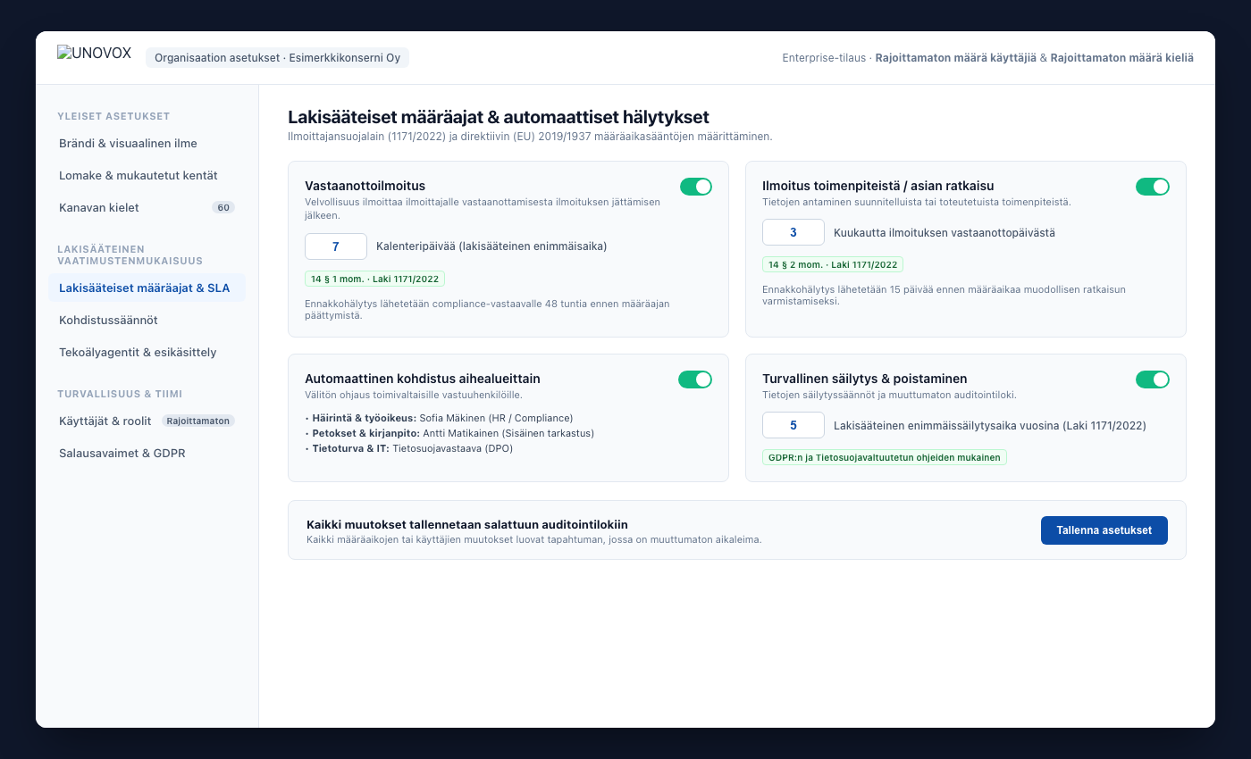 UNOVOX-asetukset: käyttäjät, kategoriat, osastot, määräajat ja kielet