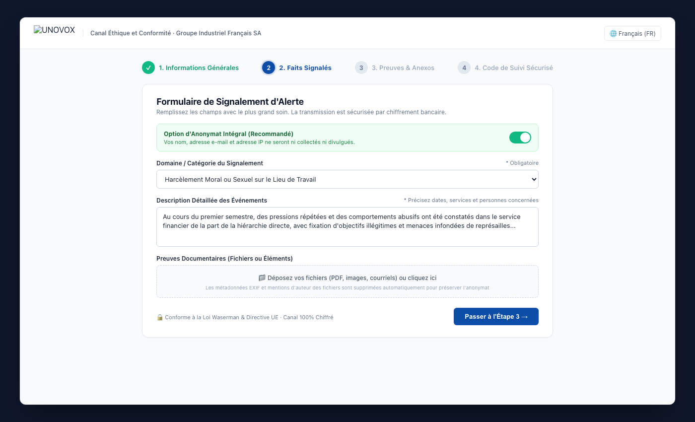 Formulaire public UNOVOX pour déposer un signalement en quatre étapes