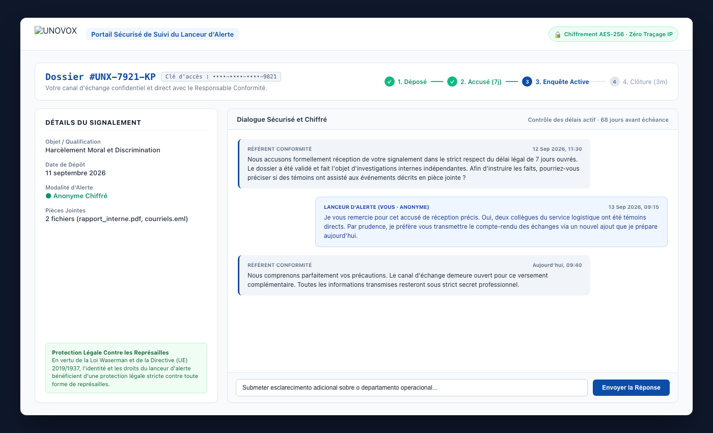 Page UNOVOX où l’auteur du signalement saisit son code de suivi