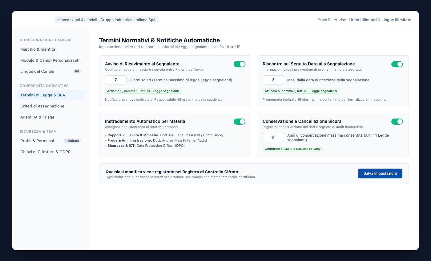 Area impostazioni UNOVOX con utenti, categorie, reparti, scadenze e lingue