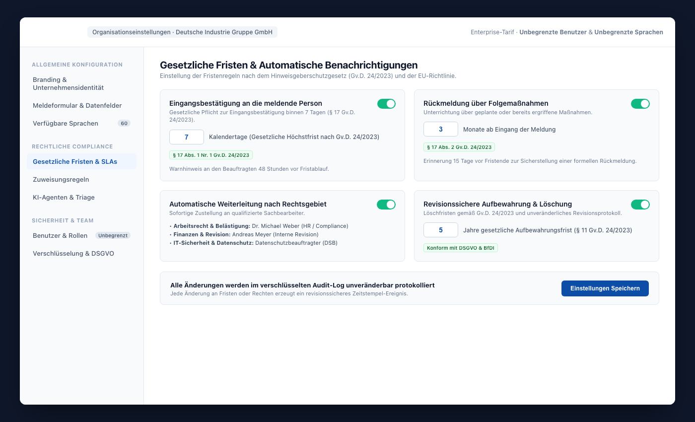 UNOVOX-Einstellungen mit Nutzern, Kategorien, Abteilungen, Fristen und Sprachen