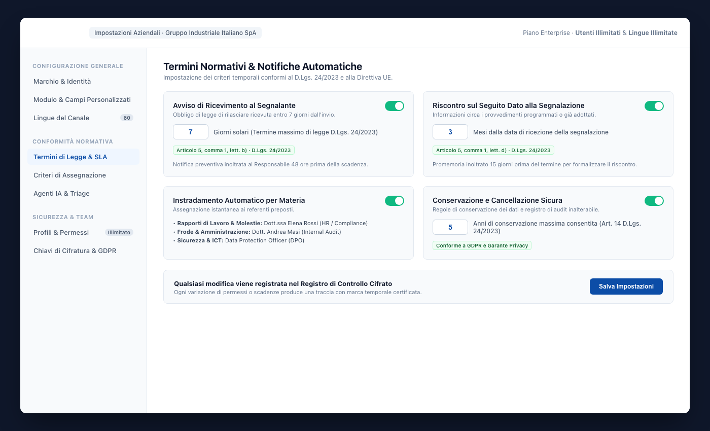 Area impostazioni UNOVOX con utenti, categorie, reparti, scadenze e lingue