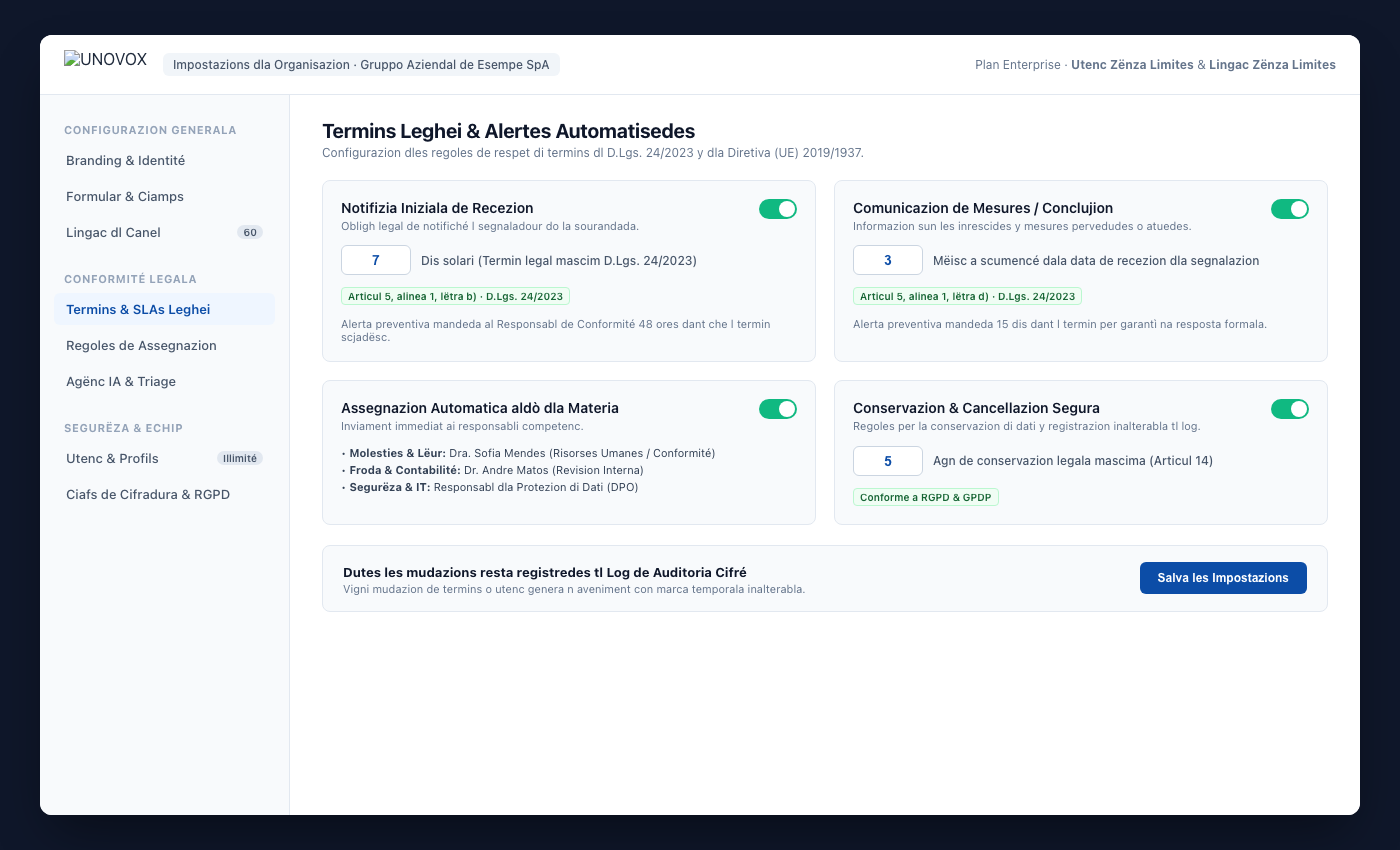 Area de configurëies UNOVOX cun utënc, categories, repartic, terminac y rujnedes