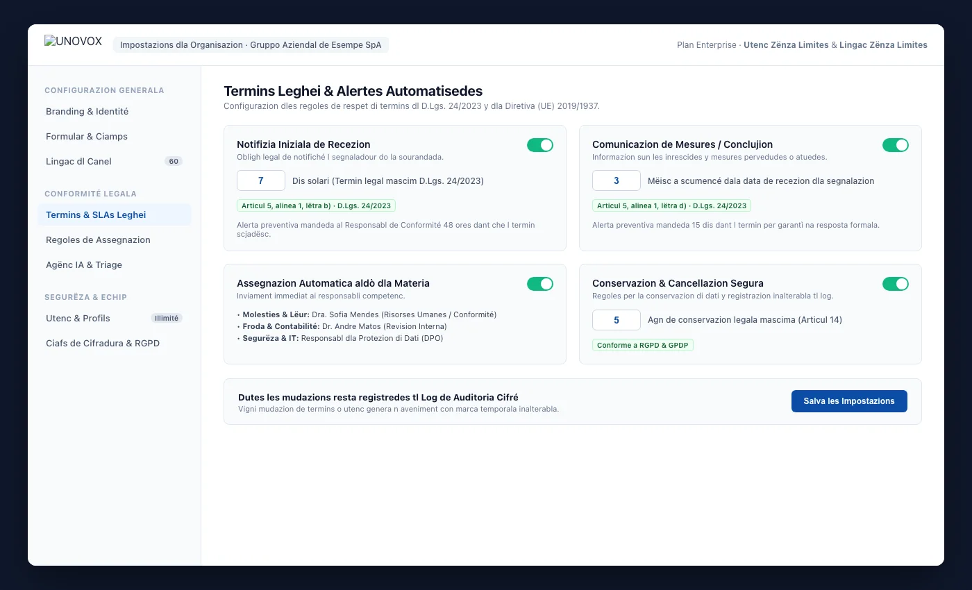 Impostazions UNOVOX por gestì utënc, asseniazion di caji y configurazion dl canal