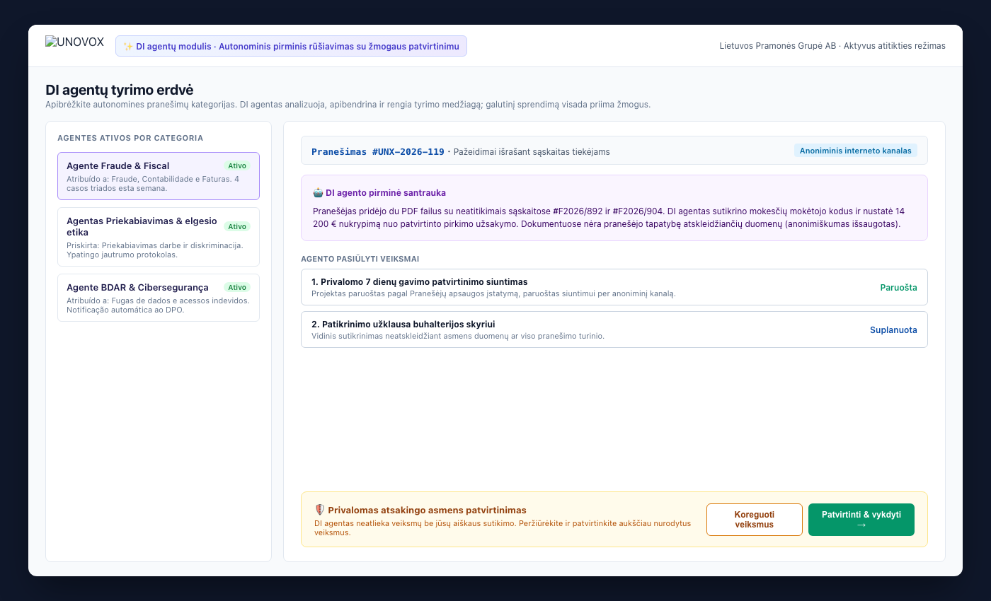 UNOVOX DI agentų valdymo skydelis su autonominiu tyrimu ir žmogaus atliekamu patvirtinimu