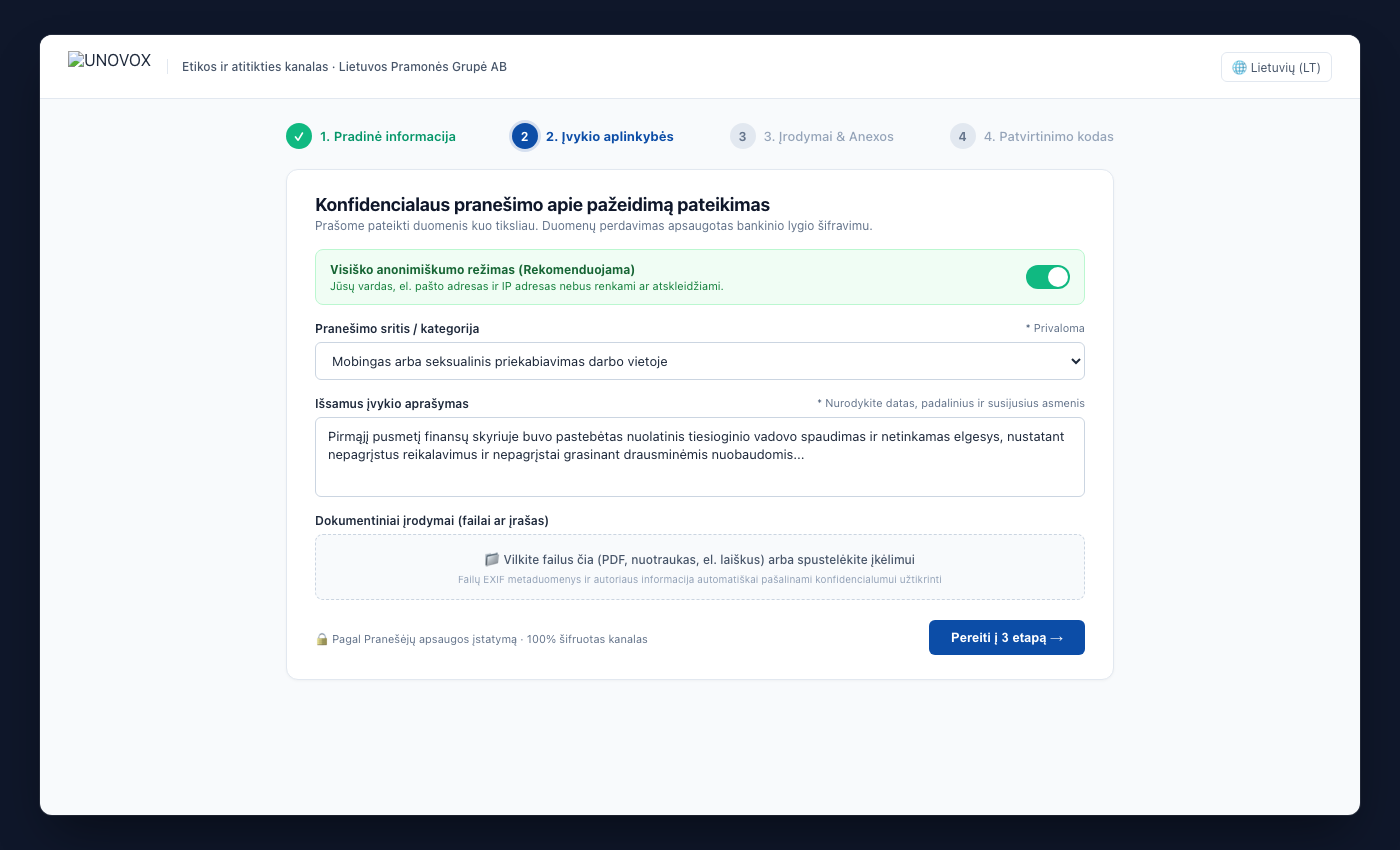 Viešoji UNOVOX forma pranešimui keturiais žingsniais
