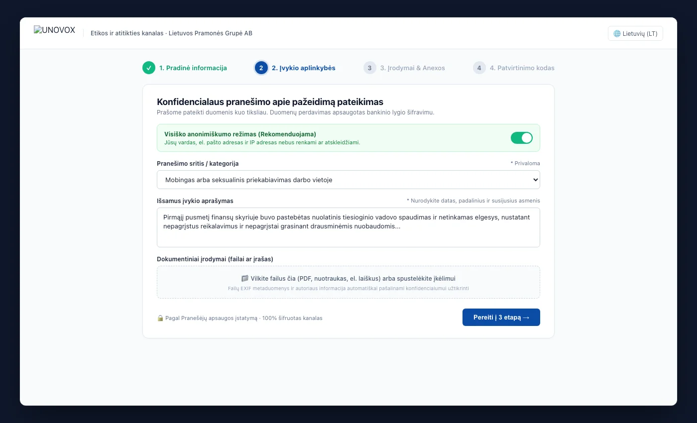 Viešoji UNOVOX forma pranešimui keturiais žingsniais
