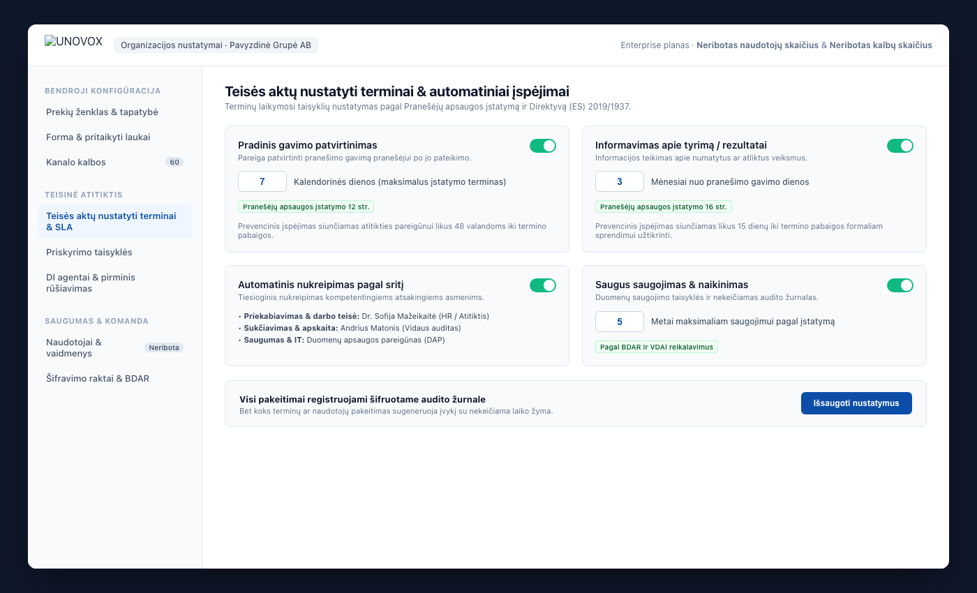 UNOVOX nustatymai su naudotojais, kategorijomis, padaliniais, terminais ir kalbomis