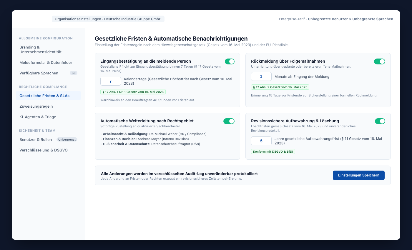UNOVOX-Einstellungen mit Nutzern, Kategorien, Abteilungen, Fristen und Sprachen
