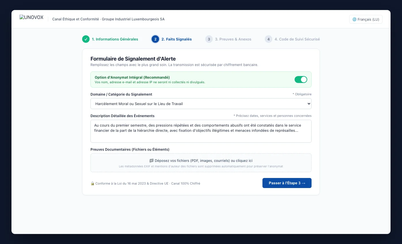 Formulaire public de signalement UNOVOX en quatre étapes
