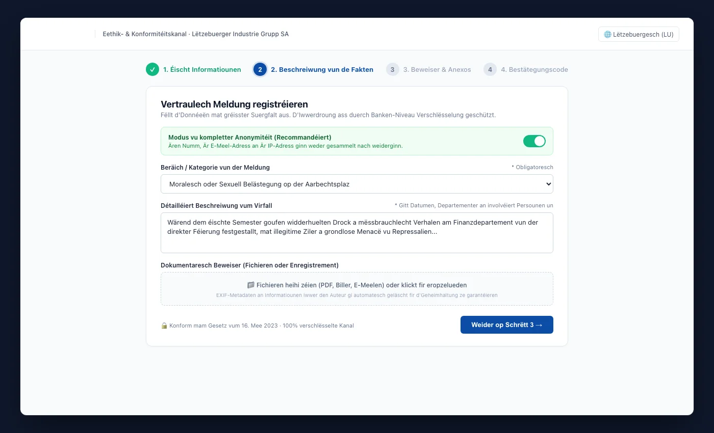Ëffentleche UNOVOX-Formulaire fir eng Meldung a véier Schrëtt