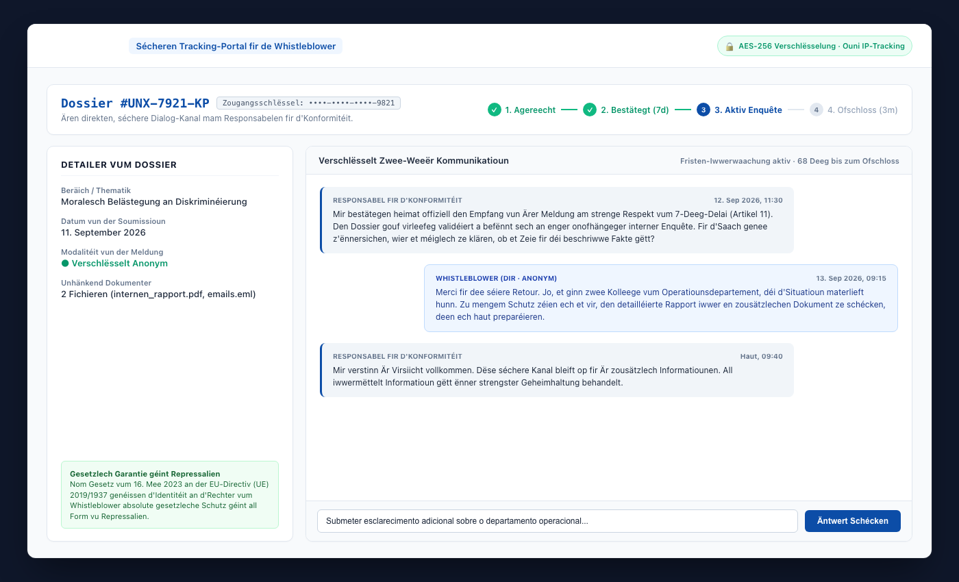 UNOVOX-Säit, wou déi mellennd Persoun hire Suivi-Code agëtt