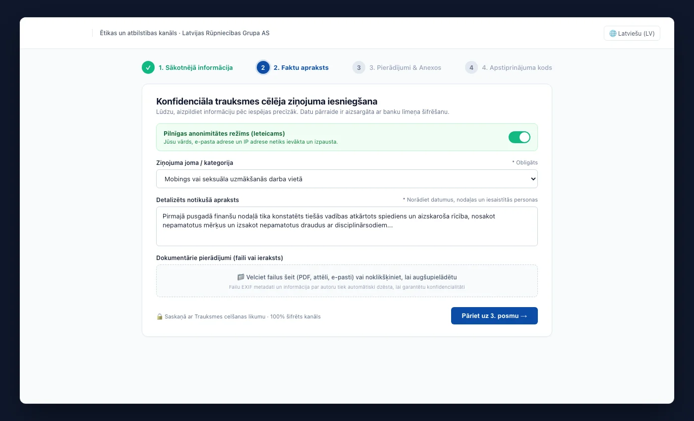 UNOVOX publiskā ziņojumu veidlapa četros soļos