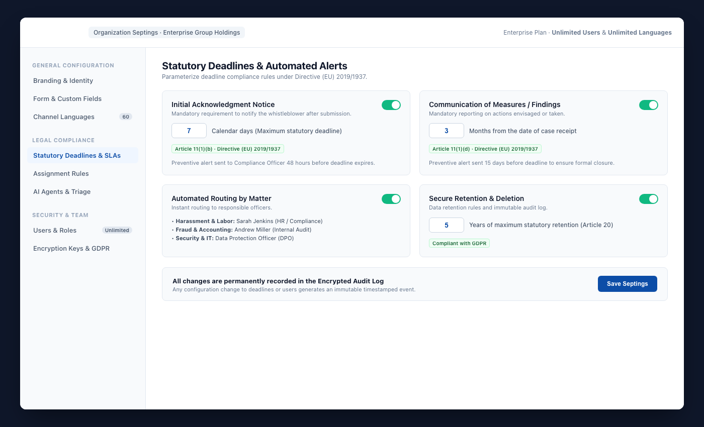 UNOVOX settings area with options for users, categories, departments, deadlines and languages