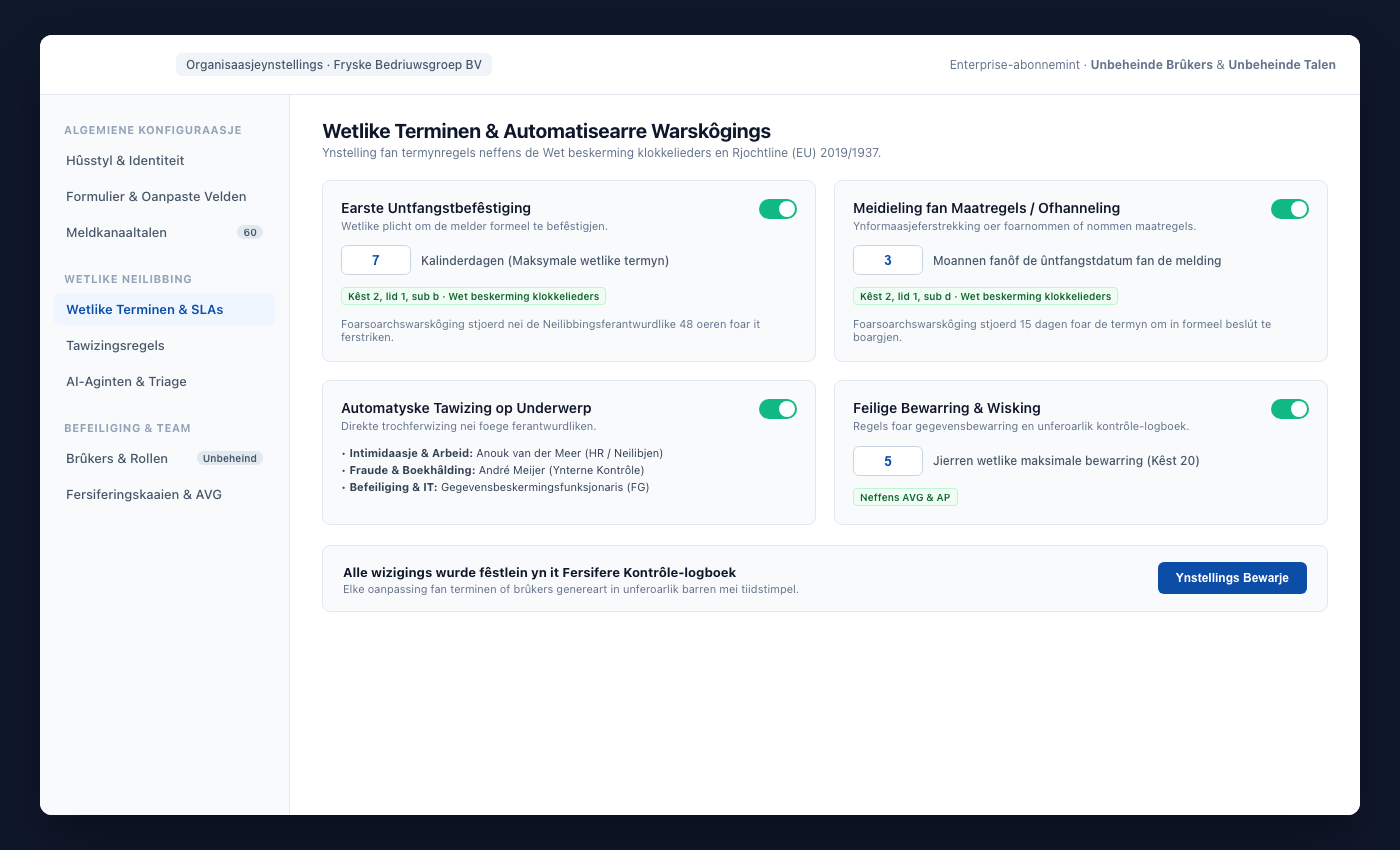 UNOVOX-ynstellingsgebiet mei opsjes foar brûkers, kategoryen, ôfdielingen, terminen en talen