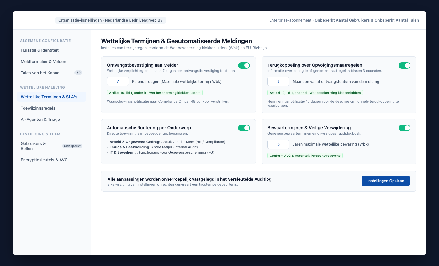 UNOVOX-instellingen met gebruikers, categorieën, afdelingen, termijnen en talen