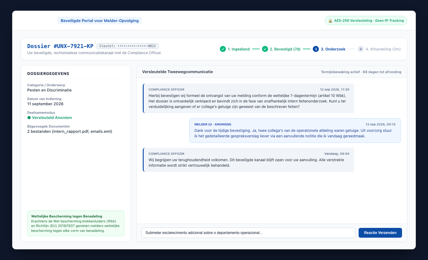 UNOVOX-pagina waar de melder zijn opvolgcode invoert
