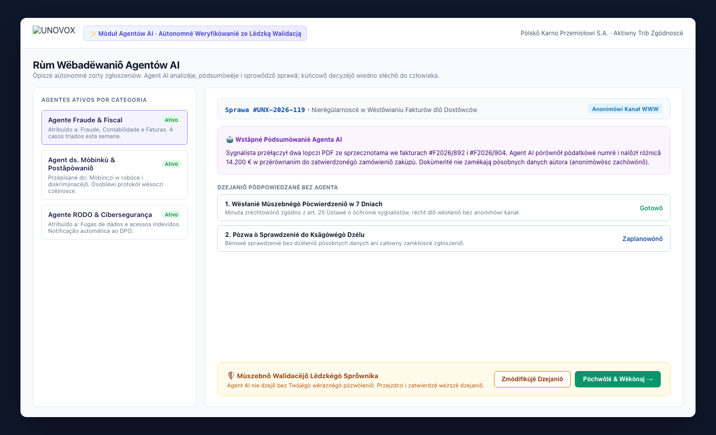 Pùlpit agentów AI UNOVOX z aùtonomicznym badanim sprôw i lëdzką weryfikacją