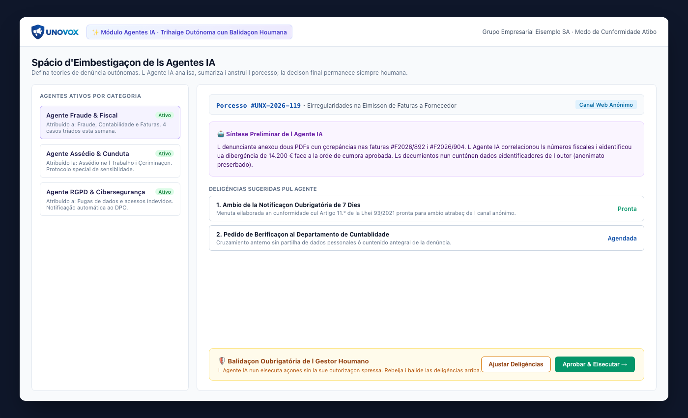 Painel de Agentes AI UNOVOX com investigação autónoma e validação humana