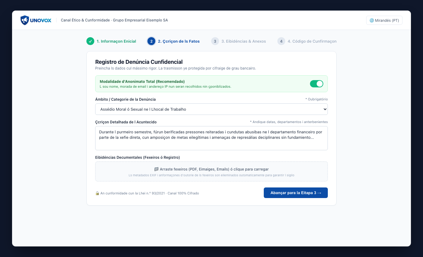 Formulário público de la UNOVOX para submeter ua denúncia an quatro etapas