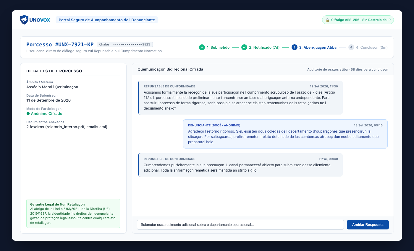 Páigina de la UNOVOX adonde l denunciante antroduç l código para acumpanhar la denúncia