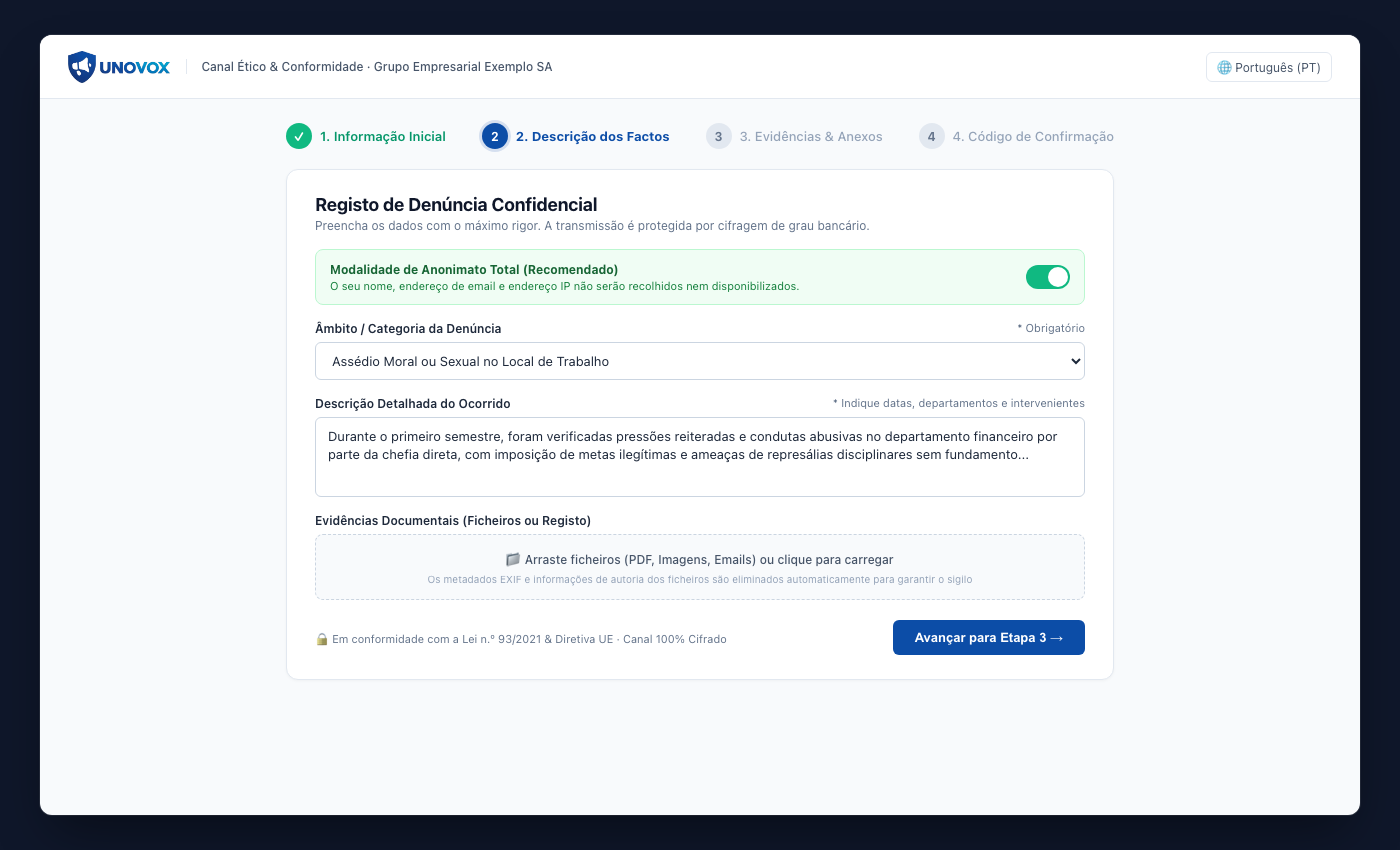 Formulário público da UNOVOX para submeter uma denúncia em quatro etapas