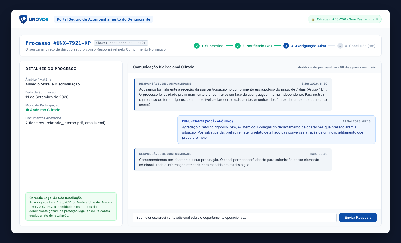 Página da UNOVOX onde o denunciante introduz o código para acompanhar a denúncia
