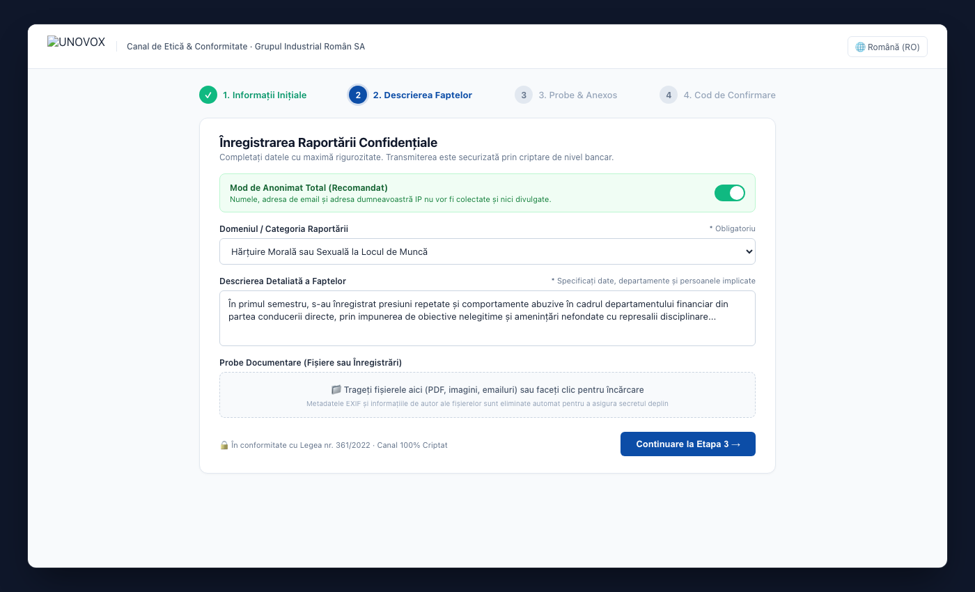 Formular public UNOVOX pentru raportare în patru etape