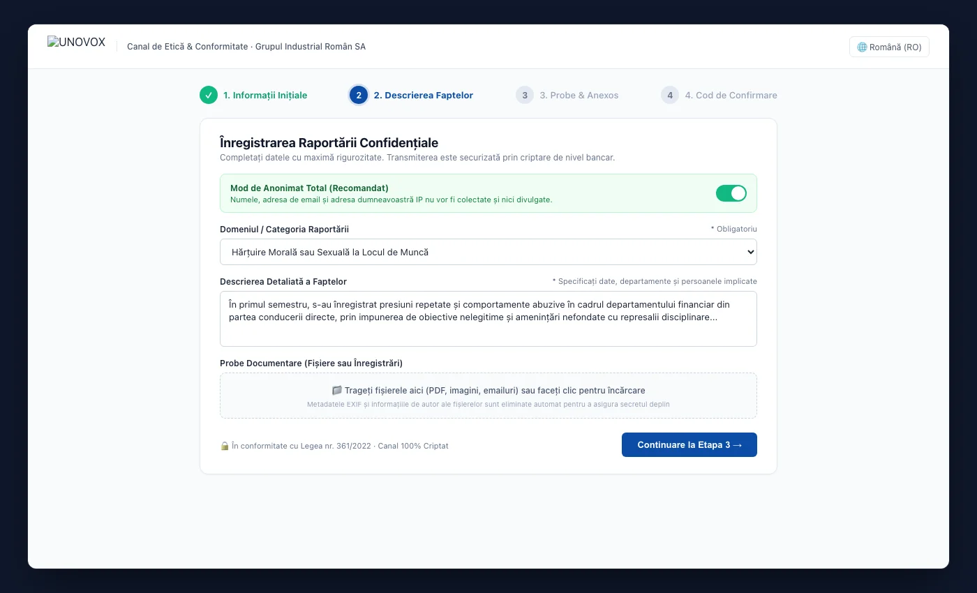 Formular public UNOVOX de raportare în patru etape