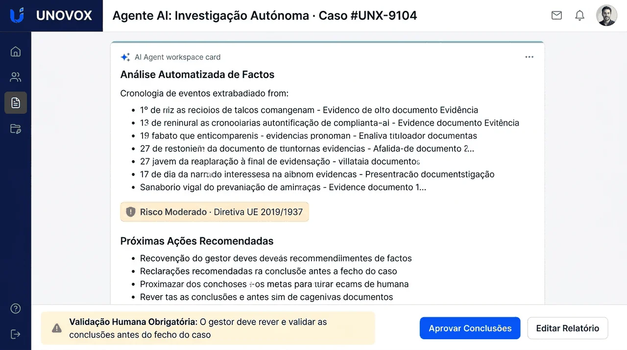 UNOVOX AI Agents platform dashboard with autonomous case investigation and human validation