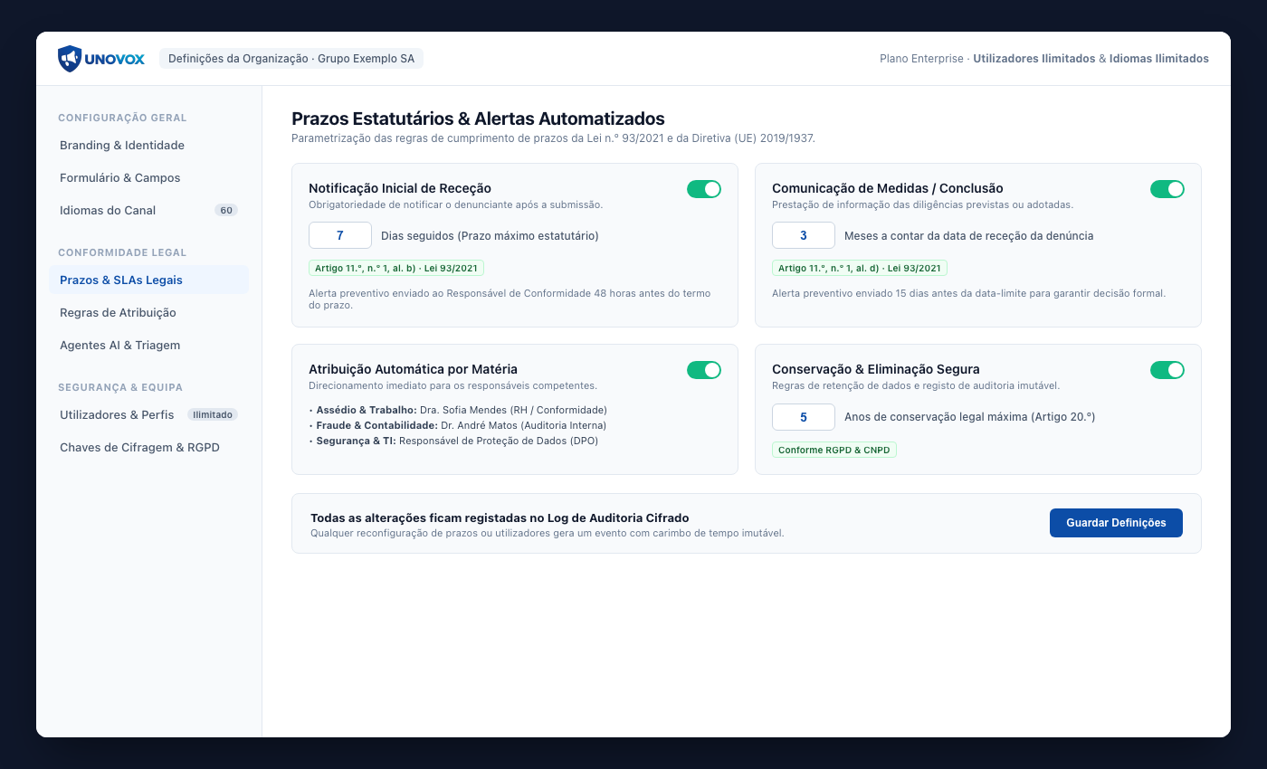 UNOVOX settings area with users, categories, departments, deadlines and languages