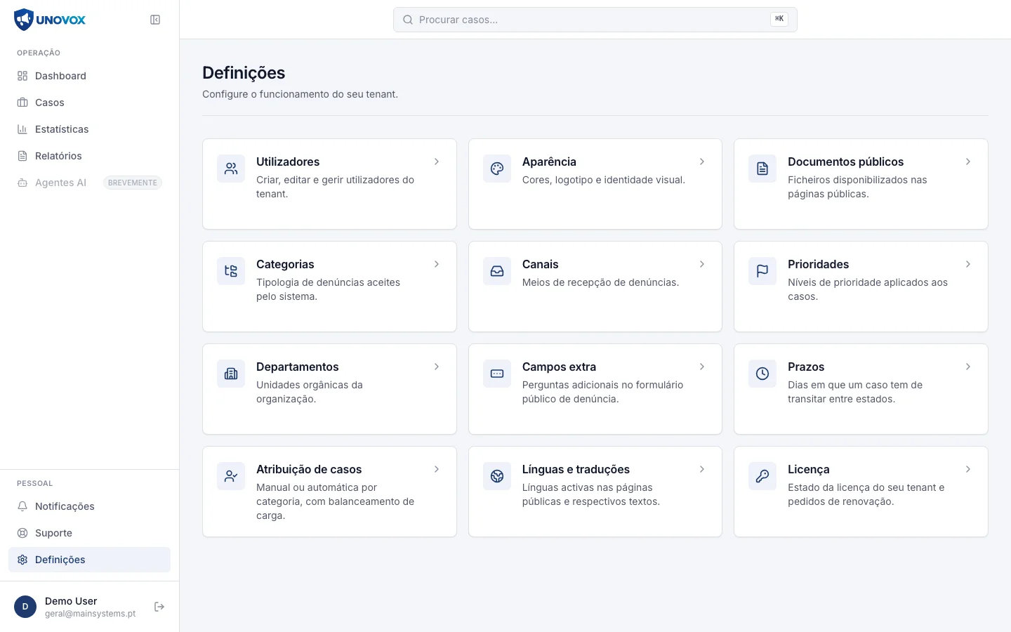 UNOVOX settings area with users, categories, departments, deadlines and languages
