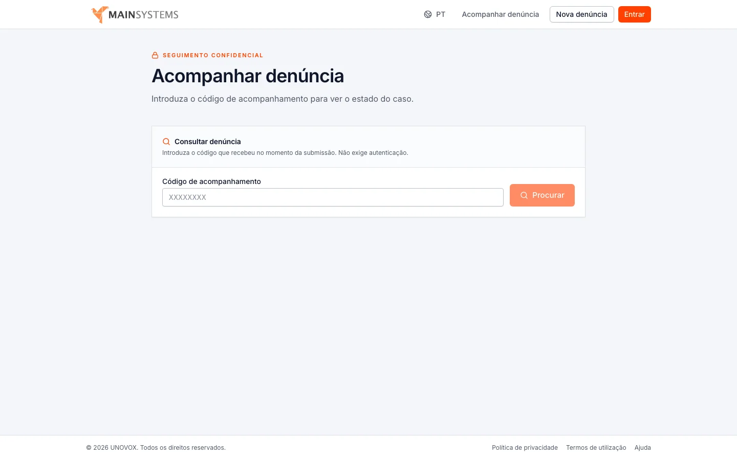 UNOVOX page where the reporting person enters a code to track a report