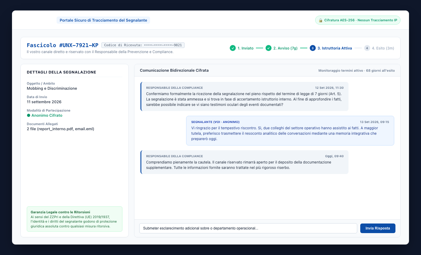 Pagina UNOVOX in cui il segnalante inserisce il codice per seguire la segnalazione