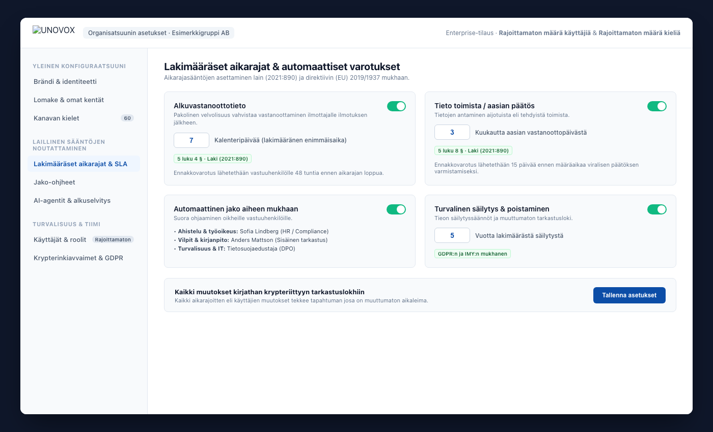 UNOVOXin asetusalue, jossa vaihtoehdot käyttäjille, kategorioille, osastoille, määräajoille ja kielille
